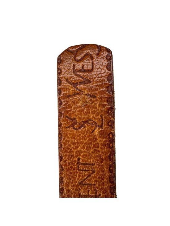 Vintage Yves Saint Laurent YSL Tan Embossed Leather Skinny Belt Brass 39.5”